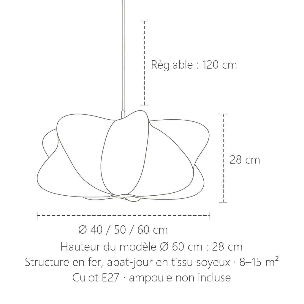 Dimensions de la suspension pétales en tissu soyeux : Ø 40, 50 ou 60 cm, 28 cm de haut
