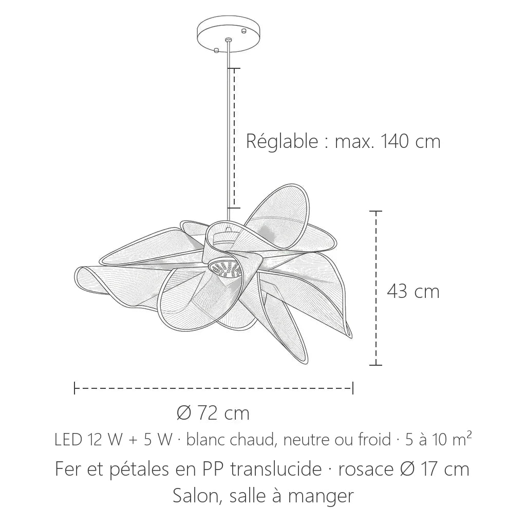 Dimensions de la suspension pétales translucides : Ø 72 cm, 43 cm de haut