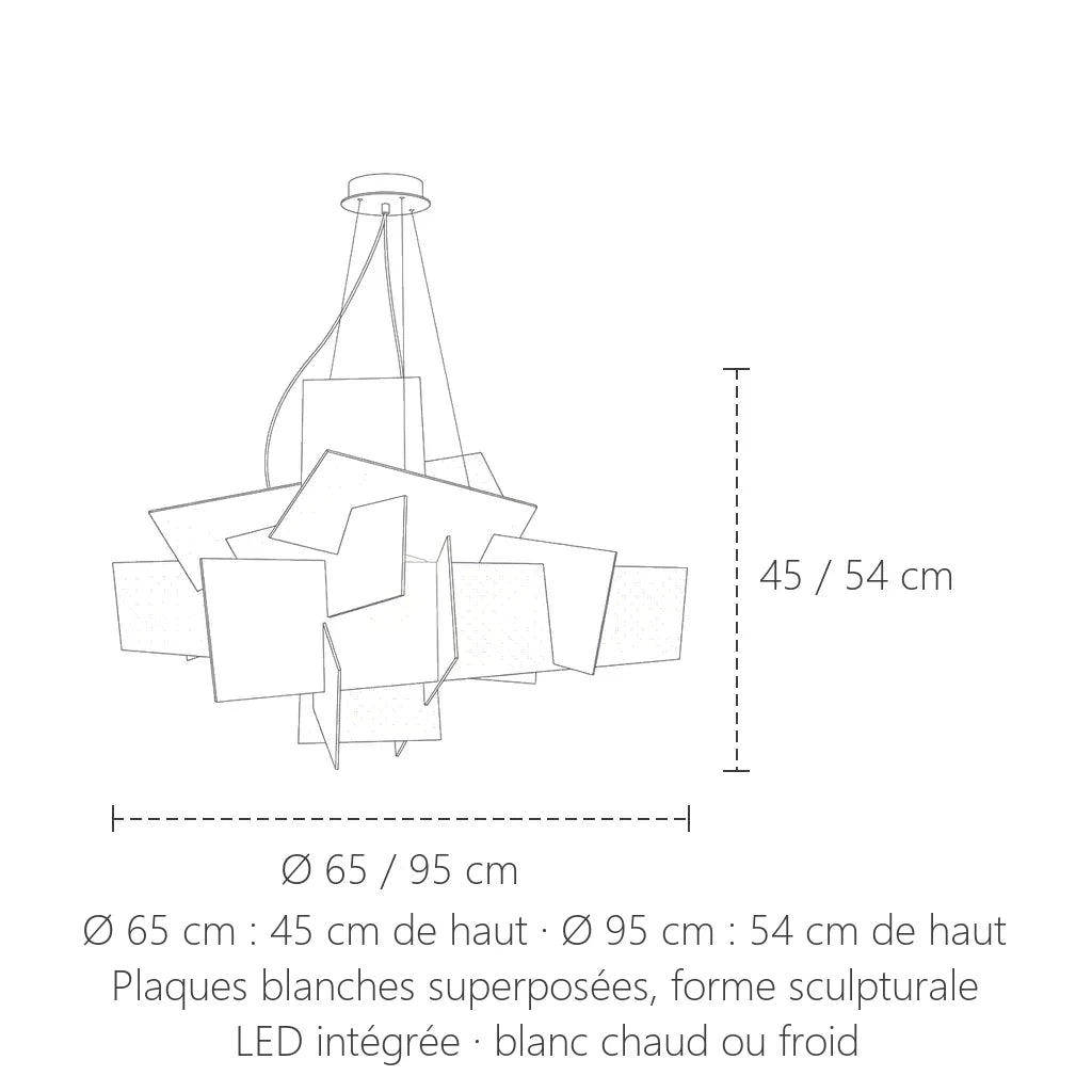 Dimensions de la suspension sculpturale : Ø 65 ou 95 cm, 45 ou 54 cm de haut