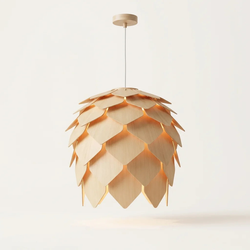 Suspension pomme de pin en écailles de bois clair