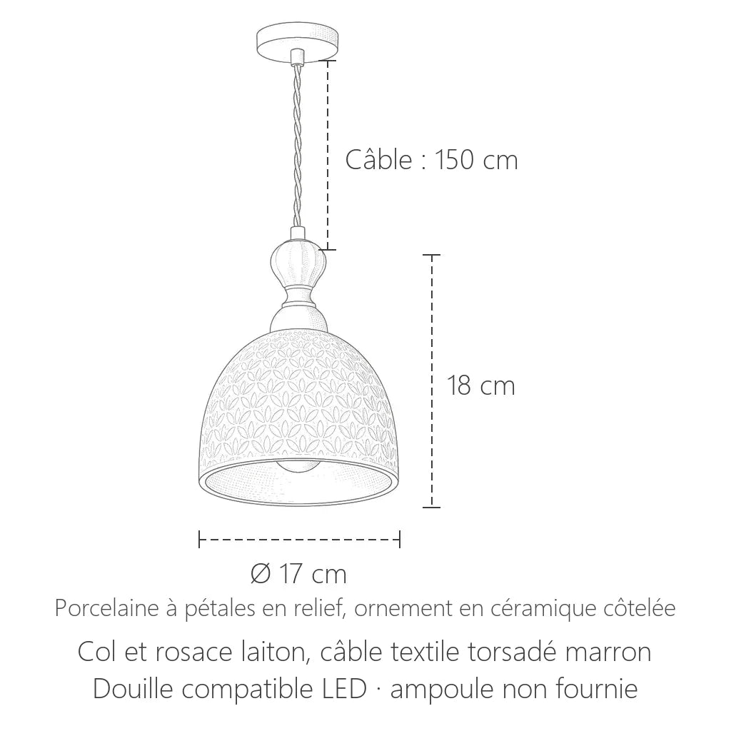 Dimensions de la suspension en porcelaine et laiton : Ø 17 cm, hauteur 18 cm