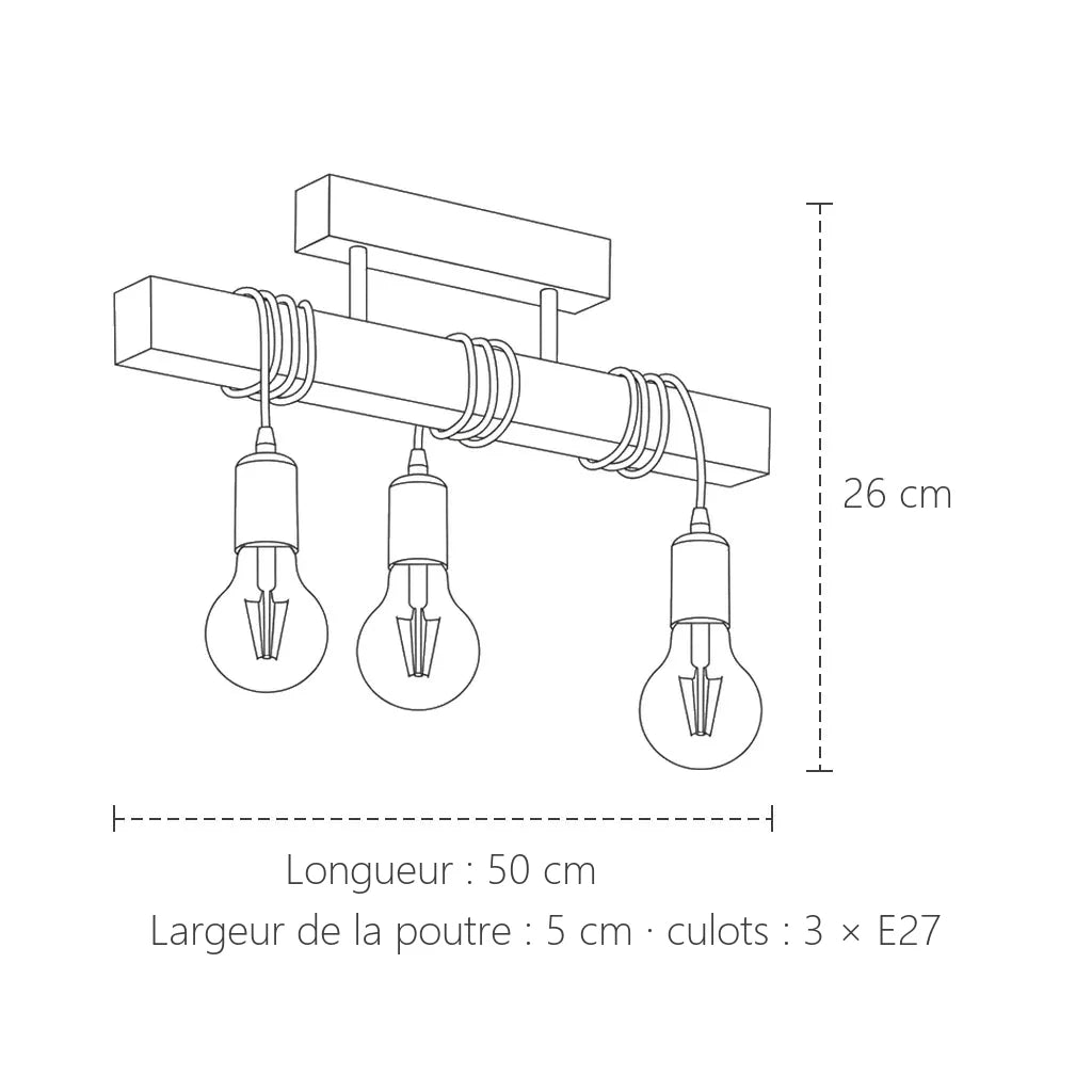 Dimensions du plafonnier poutre en bois : 50 cm de long, 26 cm de haut