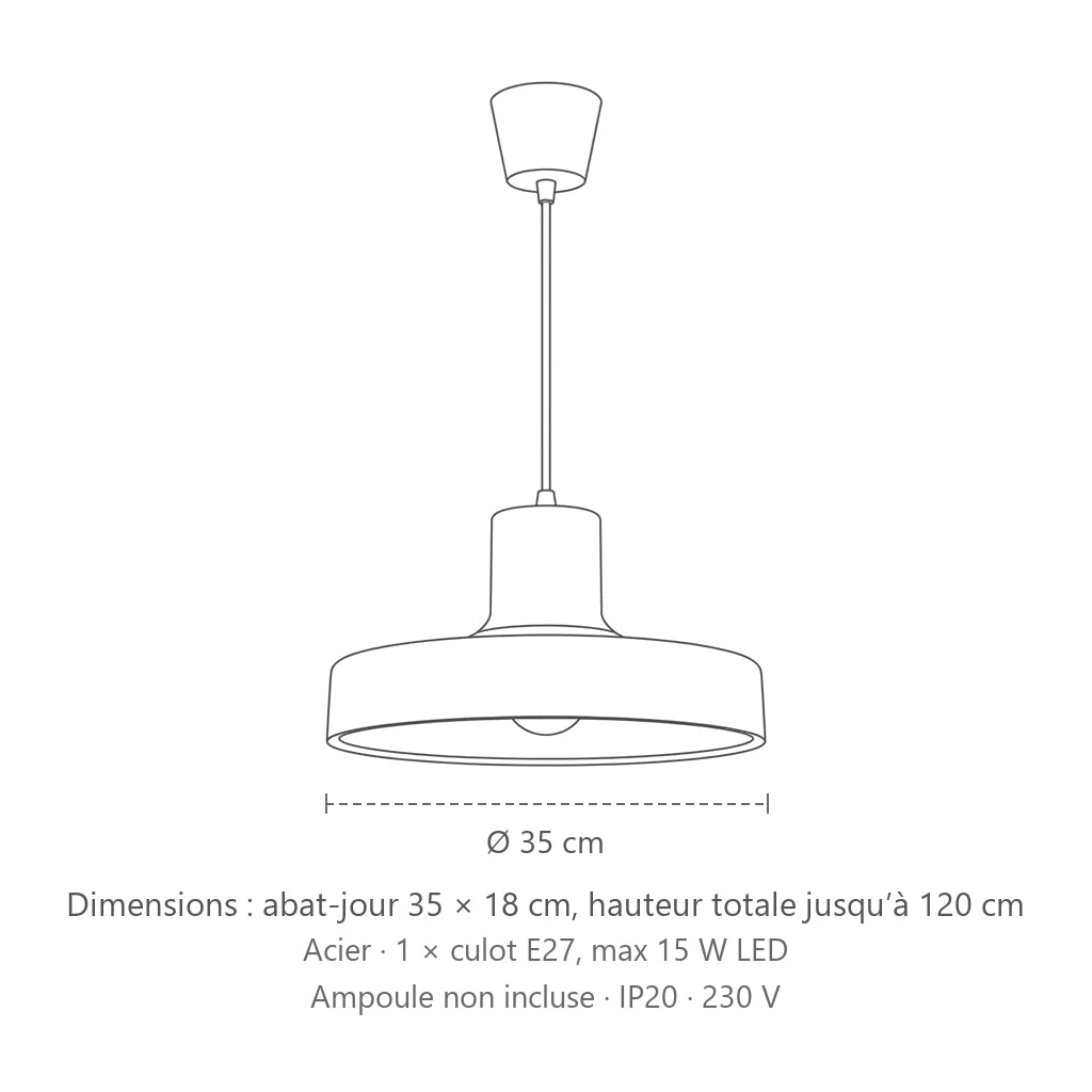 Dimensions : suspension rétro en acier ø 35 cm, abat-jour 35 × 18 cm, hauteur totale jusqu’à 120 cm
