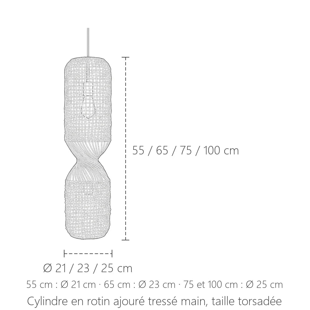Dimensions de la suspension cylindre en rotin torsadé : 55 à 100 cm de haut