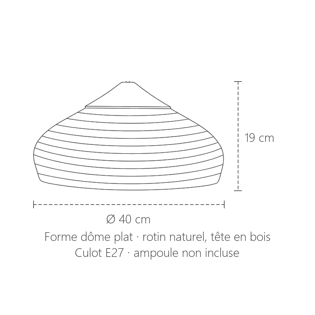 Dimensions de la suspension en rotin dôme plat : Ø 40 cm, 19 cm de haut