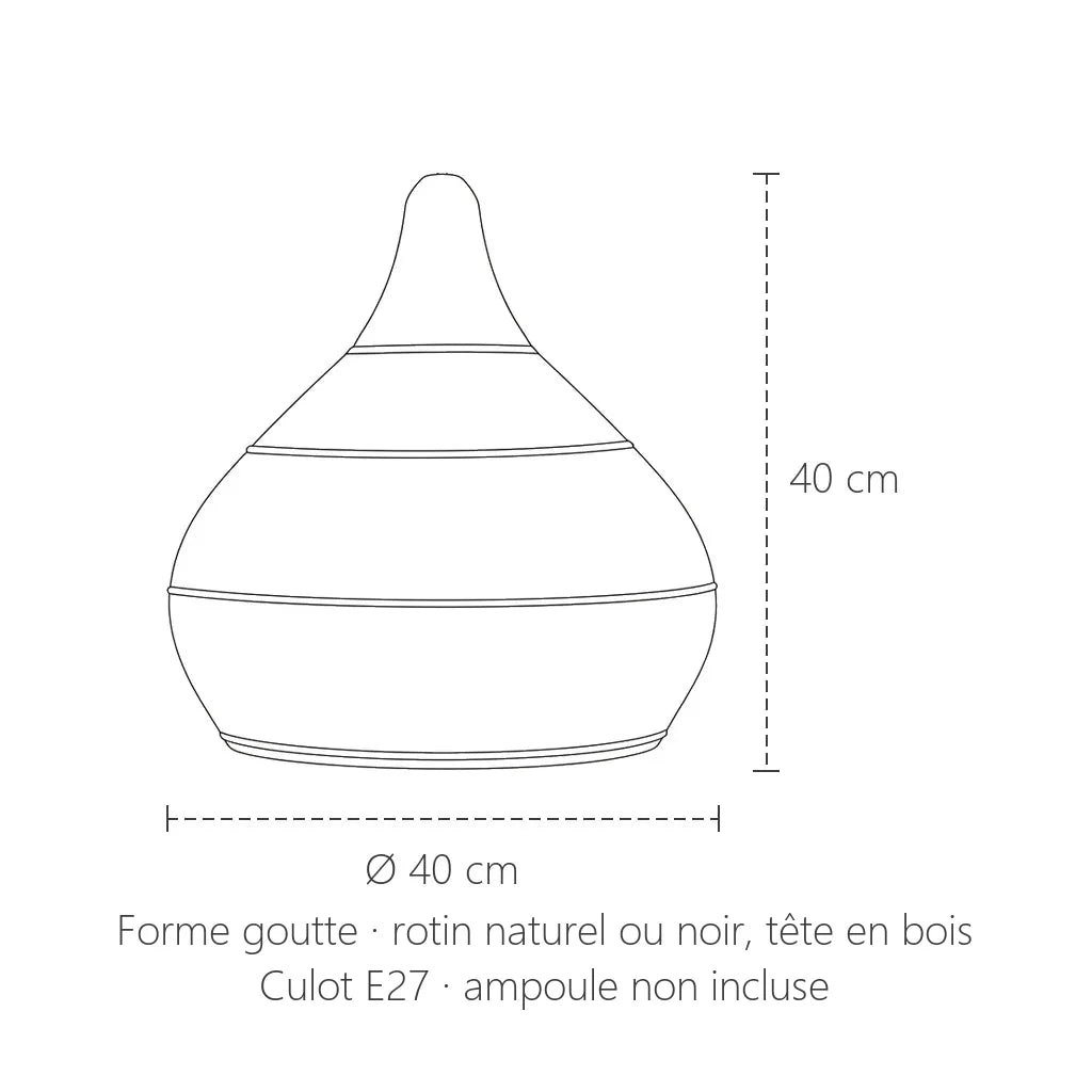 Dimensions de la suspension en rotin forme goutte : Ø 40 cm, 40 cm de haut
