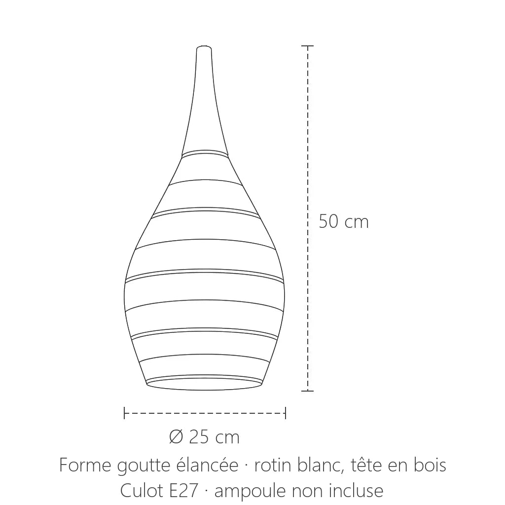 Dimensions de la suspension en rotin goutte élancée : Ø 25 cm, 50 cm de haut