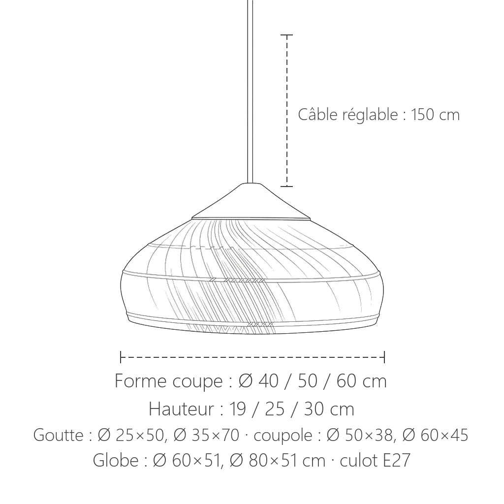 Dimensions de la suspension en rotin japonaise selon la forme