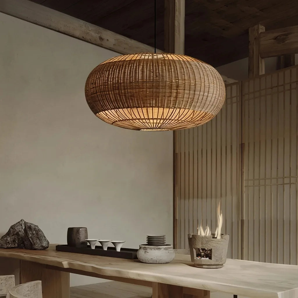 Suspension en rotin dans un intérieur japandi minimaliste