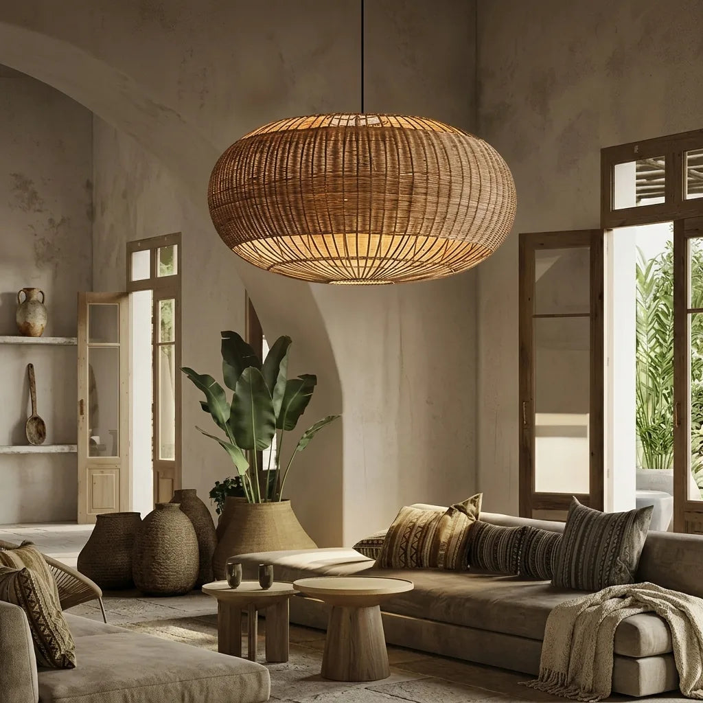 Suspension en rotin dans un salon aux tons naturels