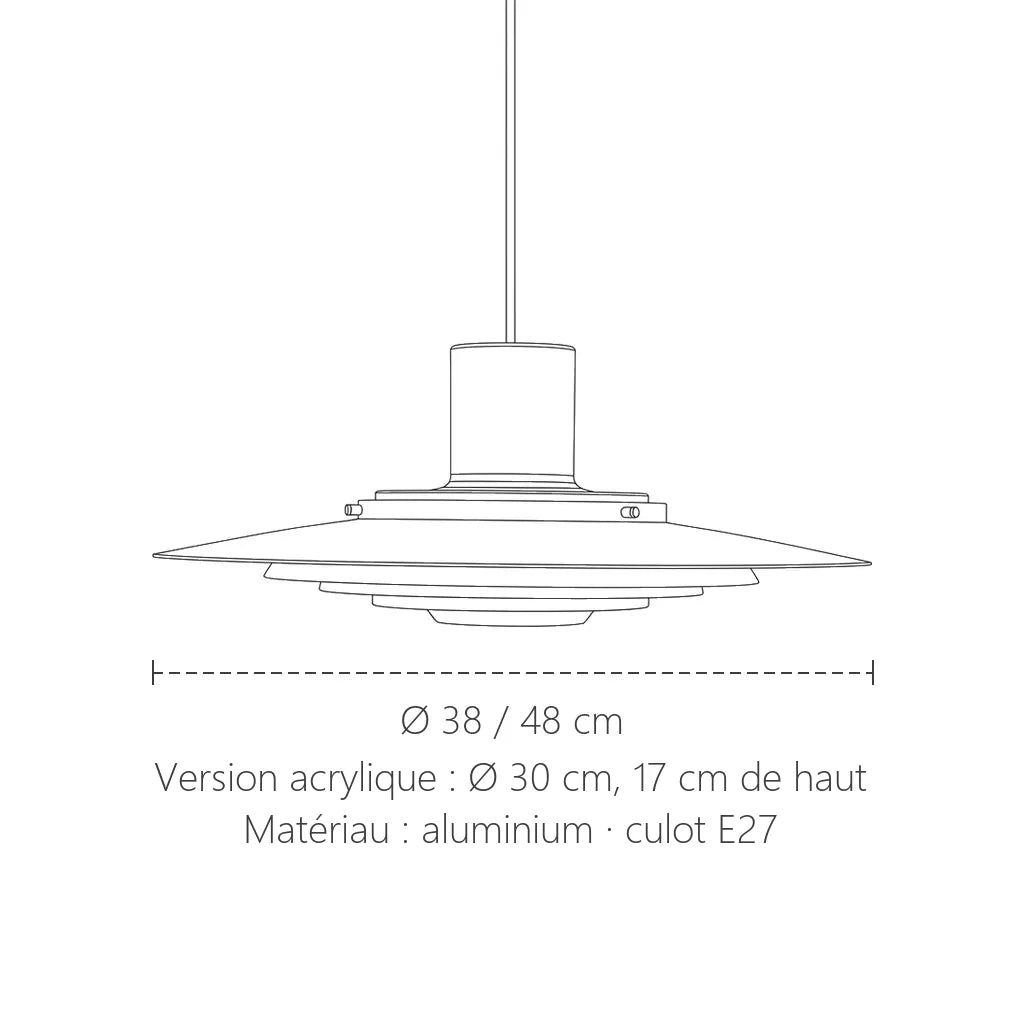 Dimensions de la suspension soucoupe : Ø 38 ou 48 cm