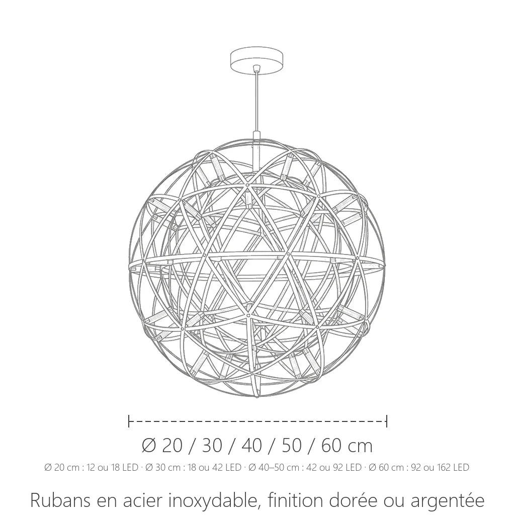 Dimensions de la suspension sphère étincelles LED : Ø 20 à 60 cm