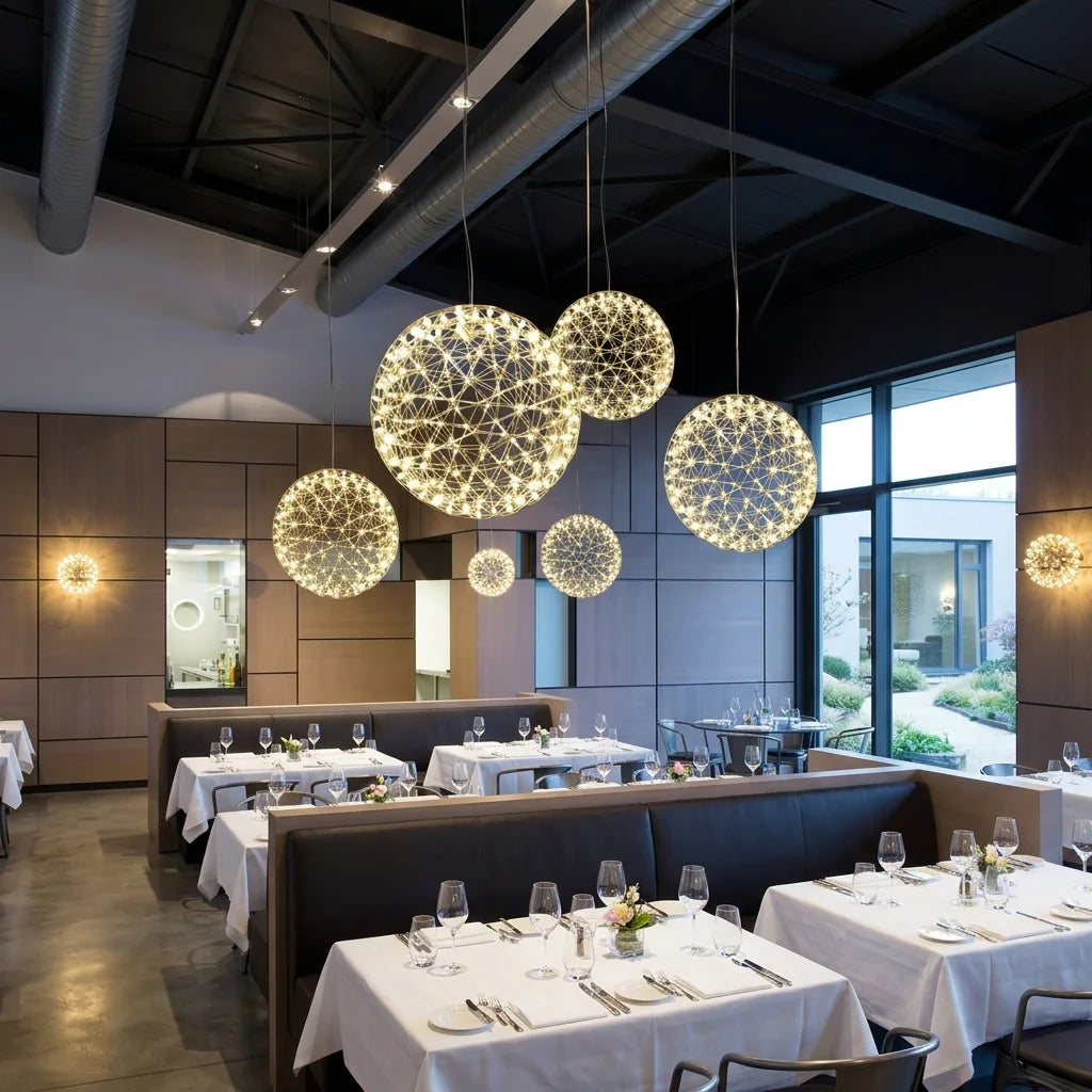 Sphères étincelles de différentes tailles dans un restaurant moderne
