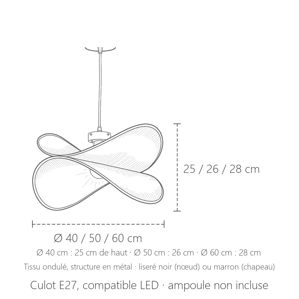 Dimensions de la suspension en tissu ondulé : Ø 40, 50 ou 60 cm, 25 à 28 cm de haut