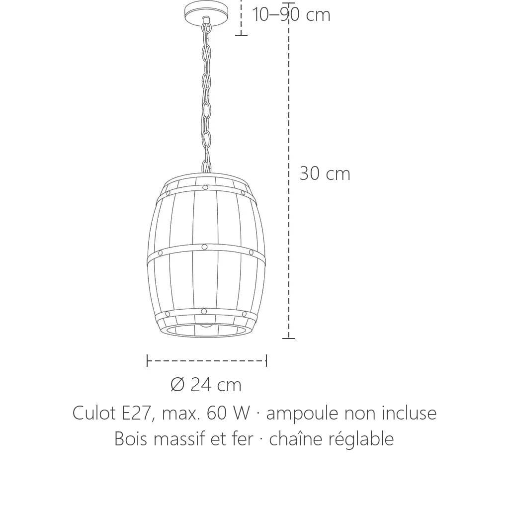 Dimensions de la suspension tonneau en bois : Ø 24 cm, 30 cm de haut