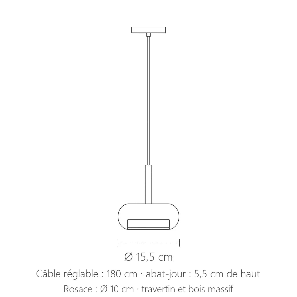Dimensions de la suspension en travertin : Ø 15,5 cm, 5,5 cm de haut