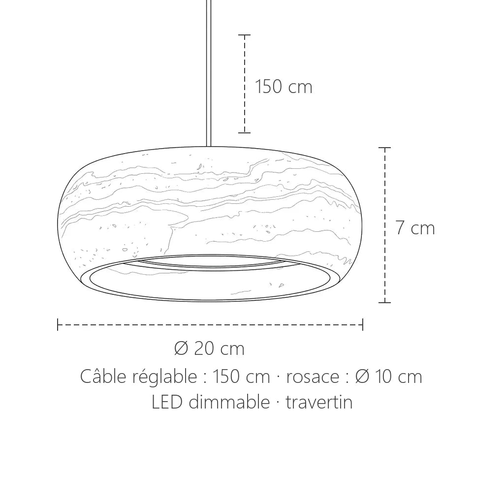 Dimensions de la suspension galet en travertin : Ø 20 cm, 7 cm de haut
