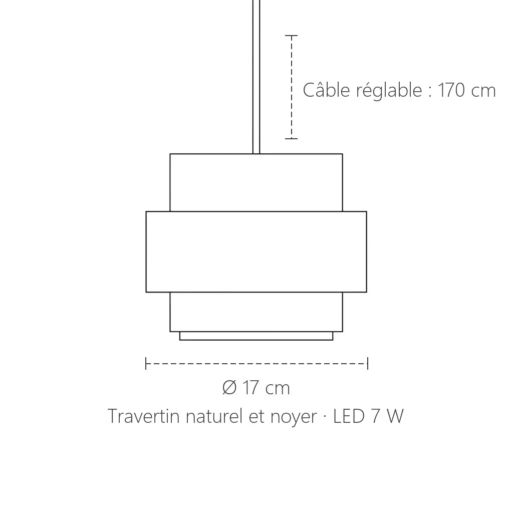 Dimensions de la suspension travertin et noyer : Ø 17 cm, câble réglable 170 cm