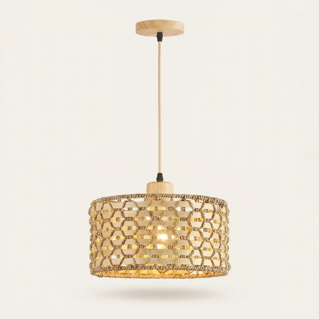 Suspension cylindre en rotin motif nid d’abeille, modèle C