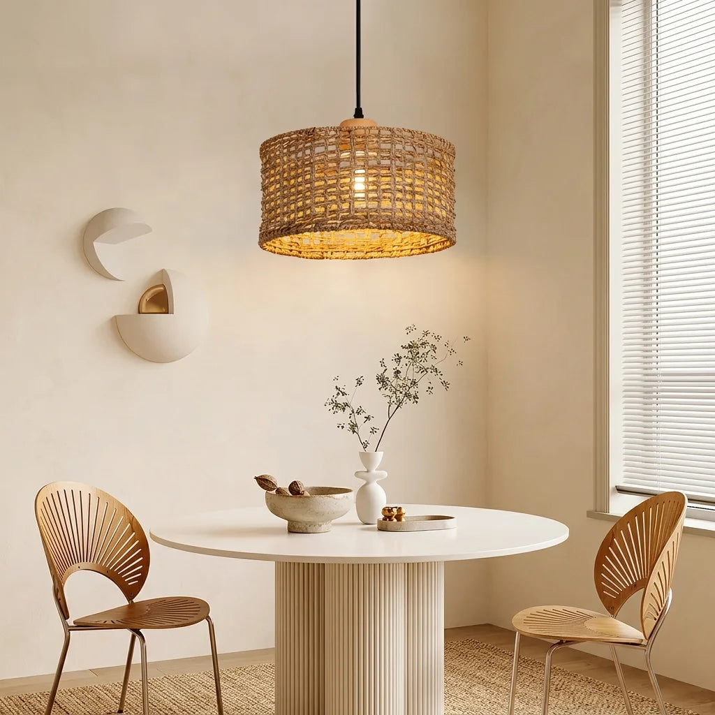 Suspension en rotin tressé au-dessus d’une table ronde