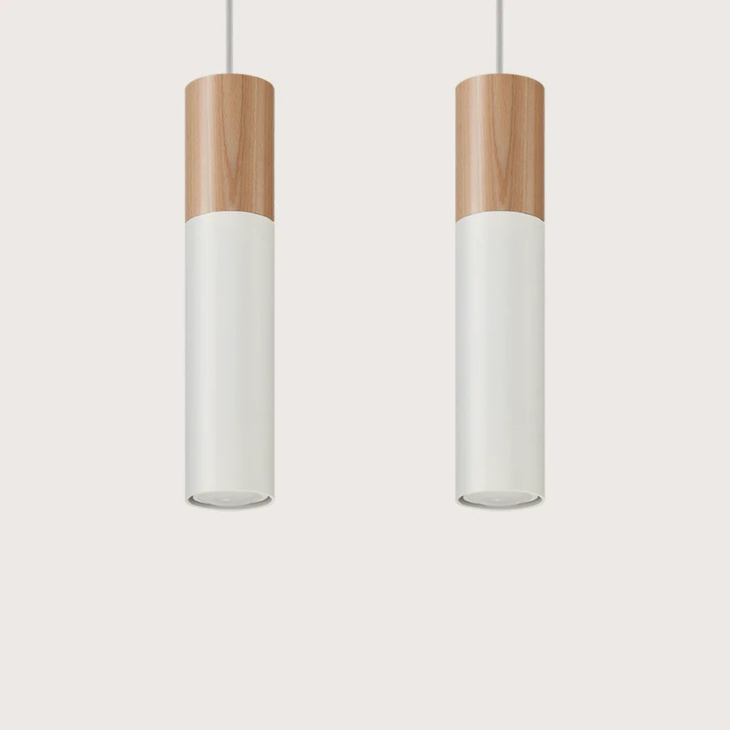 Suspension tube acier et bois, coloris bois naturel et blanc (2 lumières)