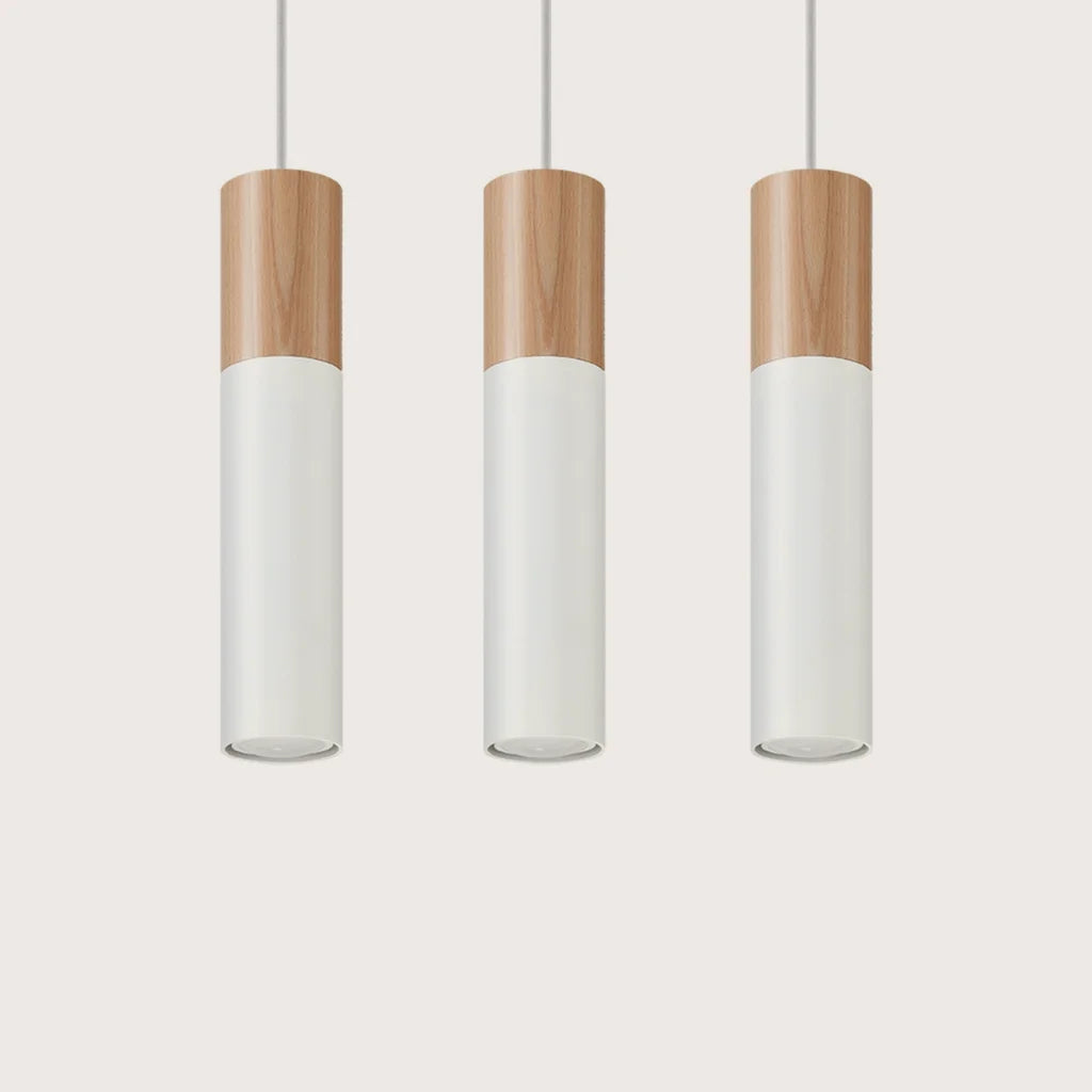 Suspension tube acier et bois, coloris bois naturel et blanc (3 lumières)
