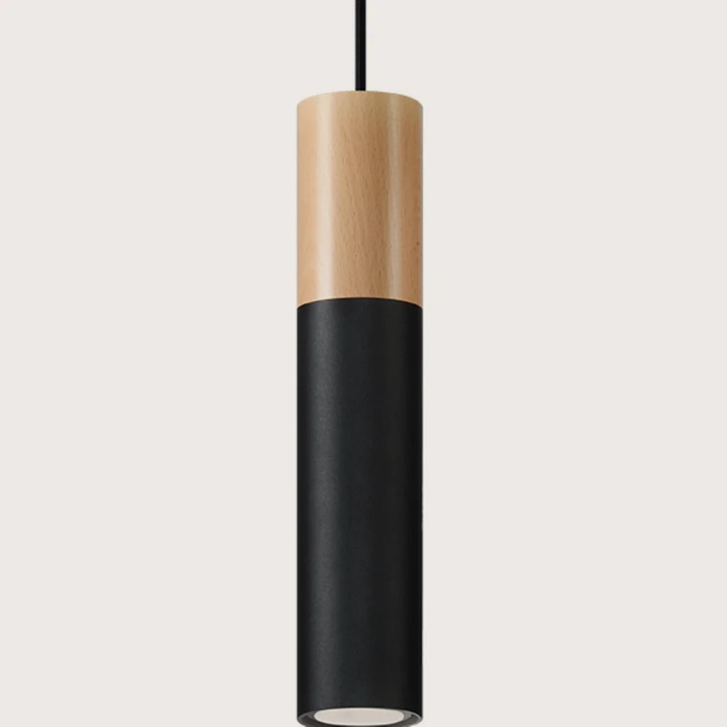 Suspension tube acier et bois, coloris bois naturel et noir (1 lumière)