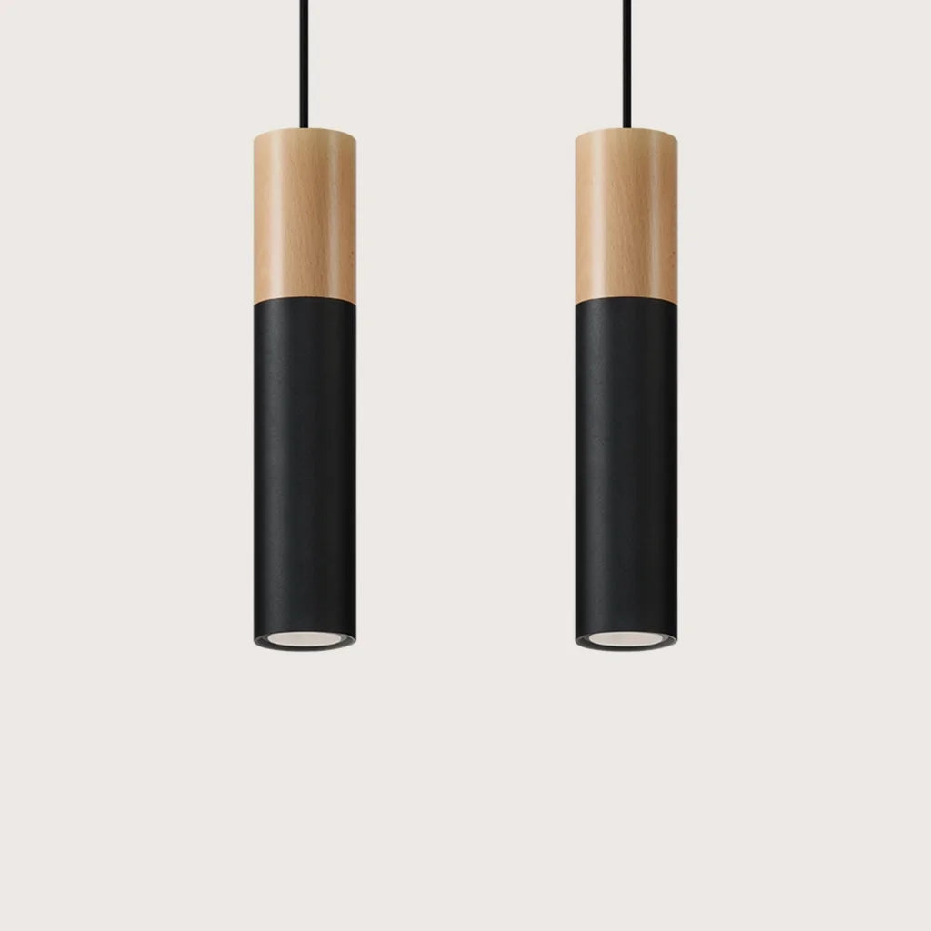 Suspension tube acier et bois, coloris bois naturel et noir (2 lumières)
