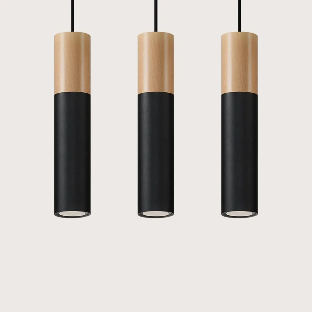 Suspension tube acier et bois, coloris bois naturel et noir (3 lumières)
