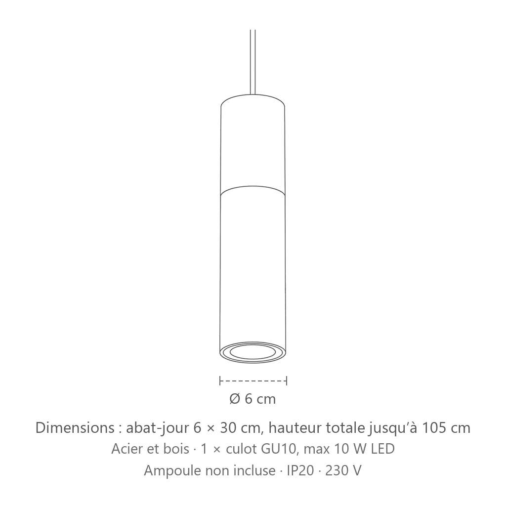 Dimensions : suspension tube acier et bois (1 lumière), abat-jour 6 × 30 cm, hauteur totale jusqu’à 105 cm