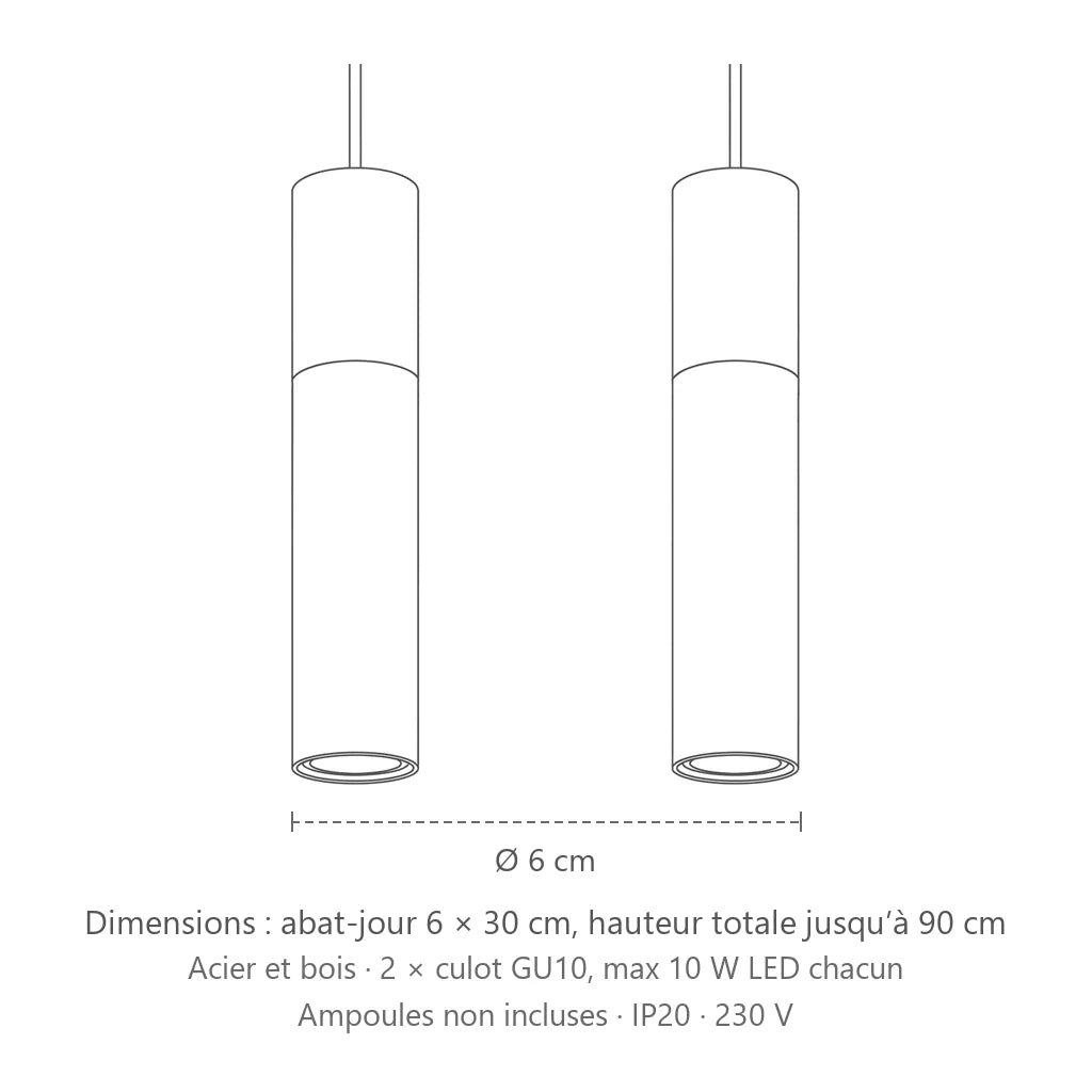 Dimensions : suspension tube acier et bois (2 lumières), abat-jour 6 × 30 cm, hauteur totale jusqu’à 90 cm