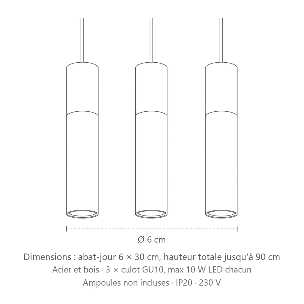 Dimensions : suspension tube acier et bois (3 lumières), abat-jour 6 × 30 cm, hauteur totale jusqu’à 90 cm