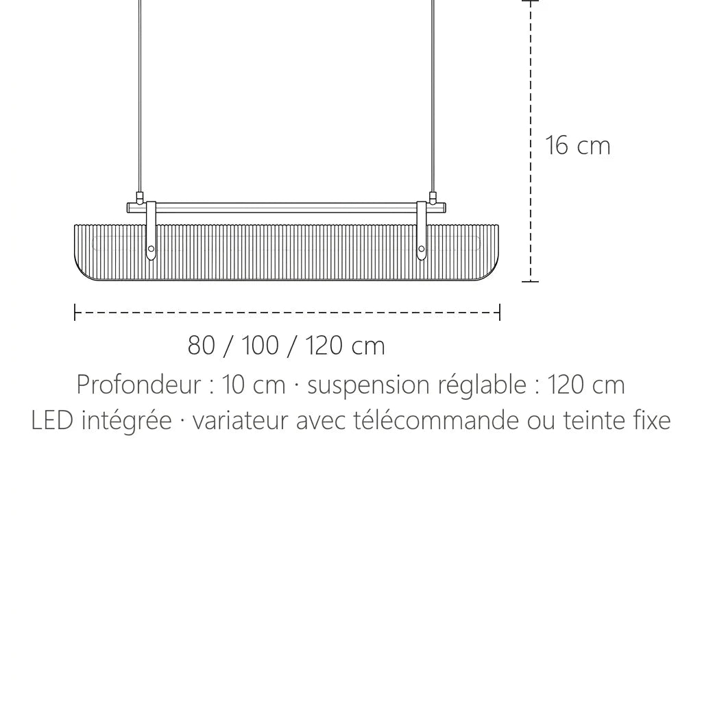 Dimensions de la suspension tube acrylique : 80, 100 ou 120 cm de long, 16 cm de haut