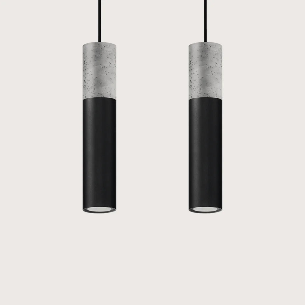 Suspension tube béton et acier, coloris gris et noir (2 lumières – barre 30 cm)