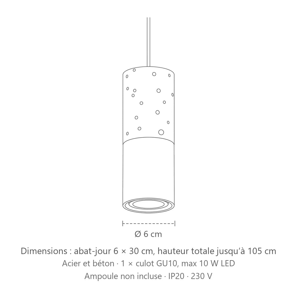 Dimensions : suspension tube béton et acier (1 lumière), abat-jour 6 × 30 cm, hauteur totale jusqu’à 105 cm
