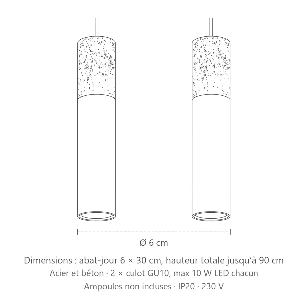 Dimensions : suspension tube béton et acier (2 lumières – barre 30 cm), abat-jour 6 × 30 cm, hauteur totale jusqu’à 90 cm