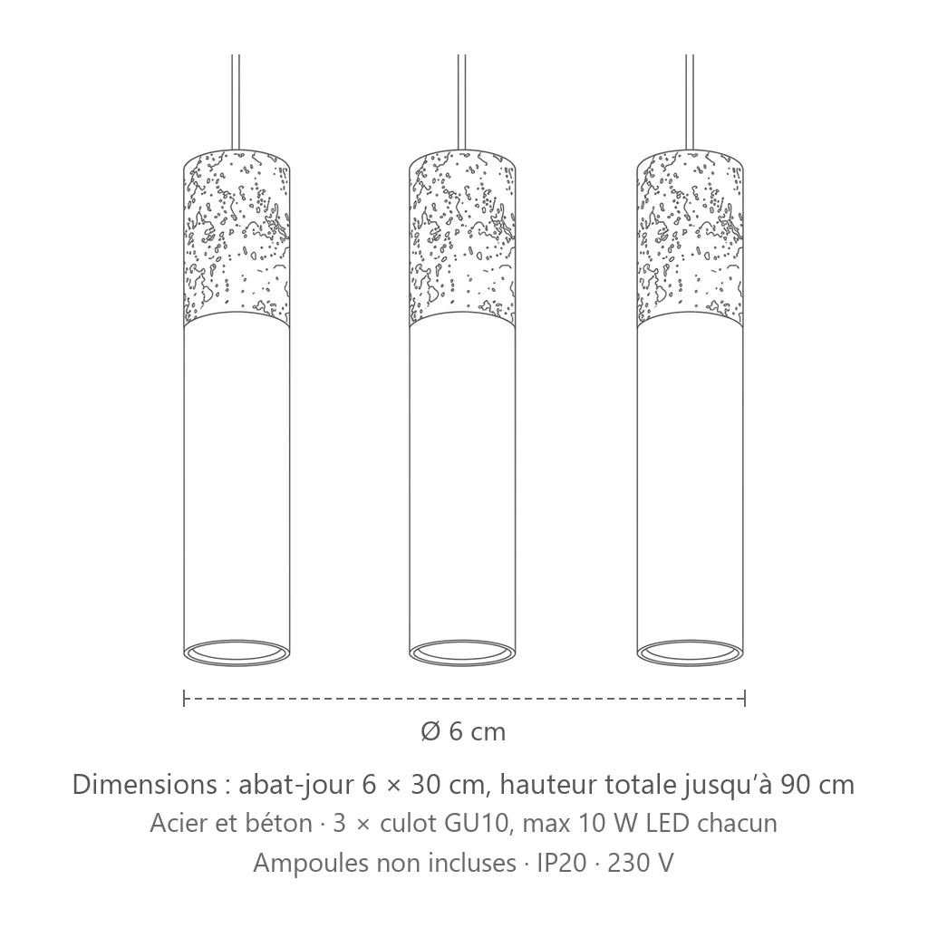 Dimensions : suspension tube béton et acier (3 lumières – barre 45 cm), abat-jour 6 × 30 cm, hauteur totale jusqu’à 90 cm