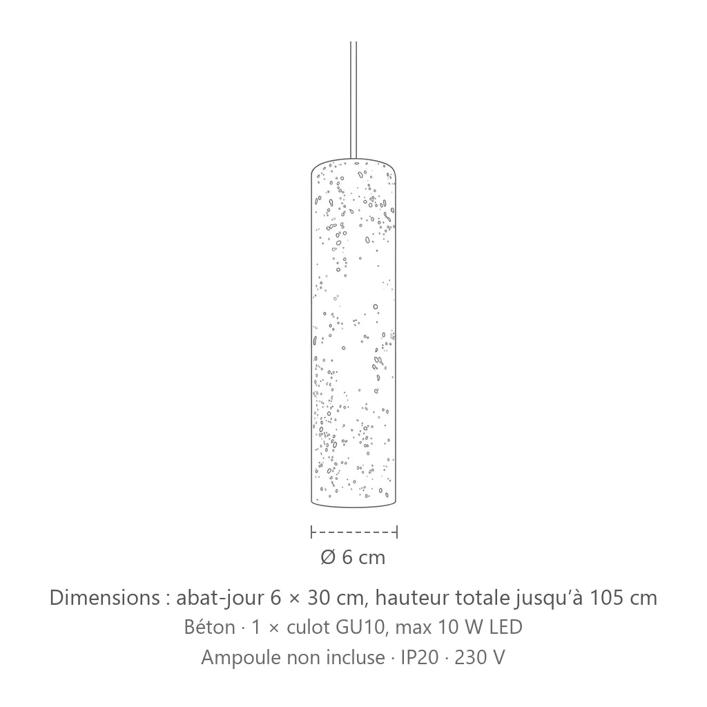 Dimensions : suspension tube en béton gris (1 lumière), abat-jour 6 × 30 cm, hauteur totale jusqu’à 105 cm