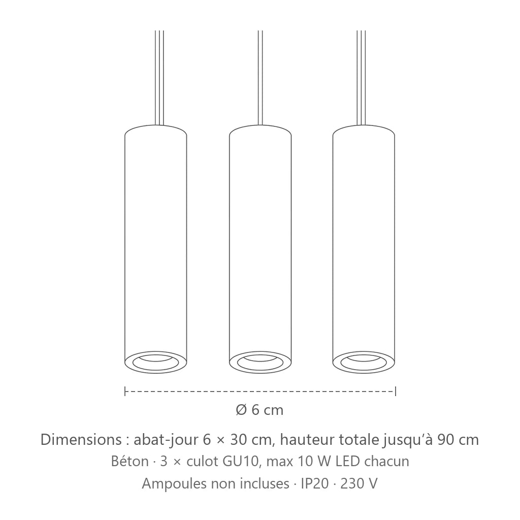 Dimensions : suspension tube en béton gris (3 lumières – barre 45 cm), abat-jour 6 × 30 cm, hauteur totale jusqu’à 90 cm