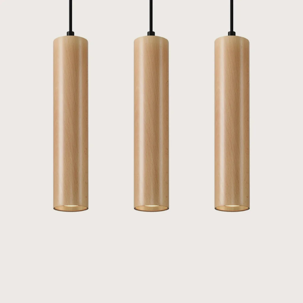 Suspension tube en bois naturel (3 lumières)