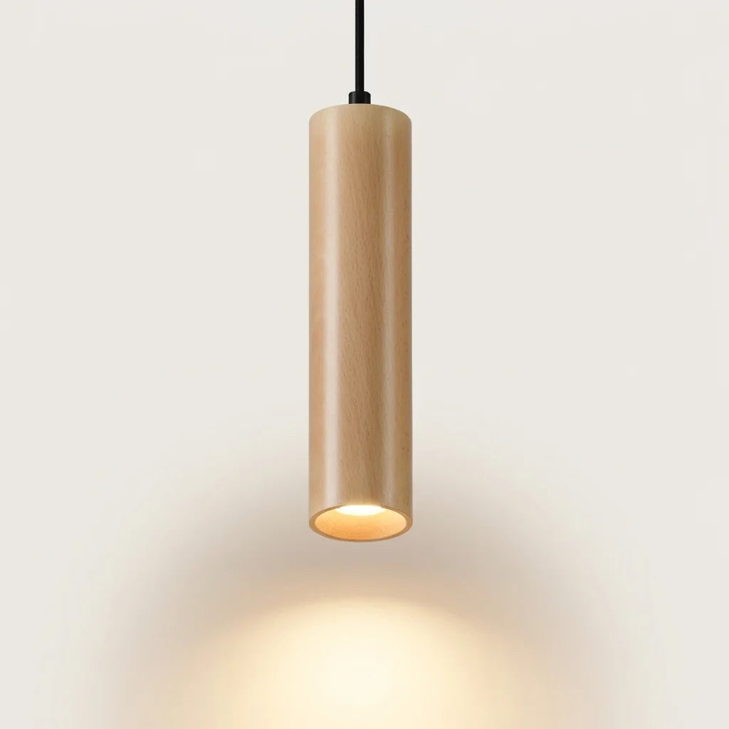 Suspension tube en bois naturel allumée