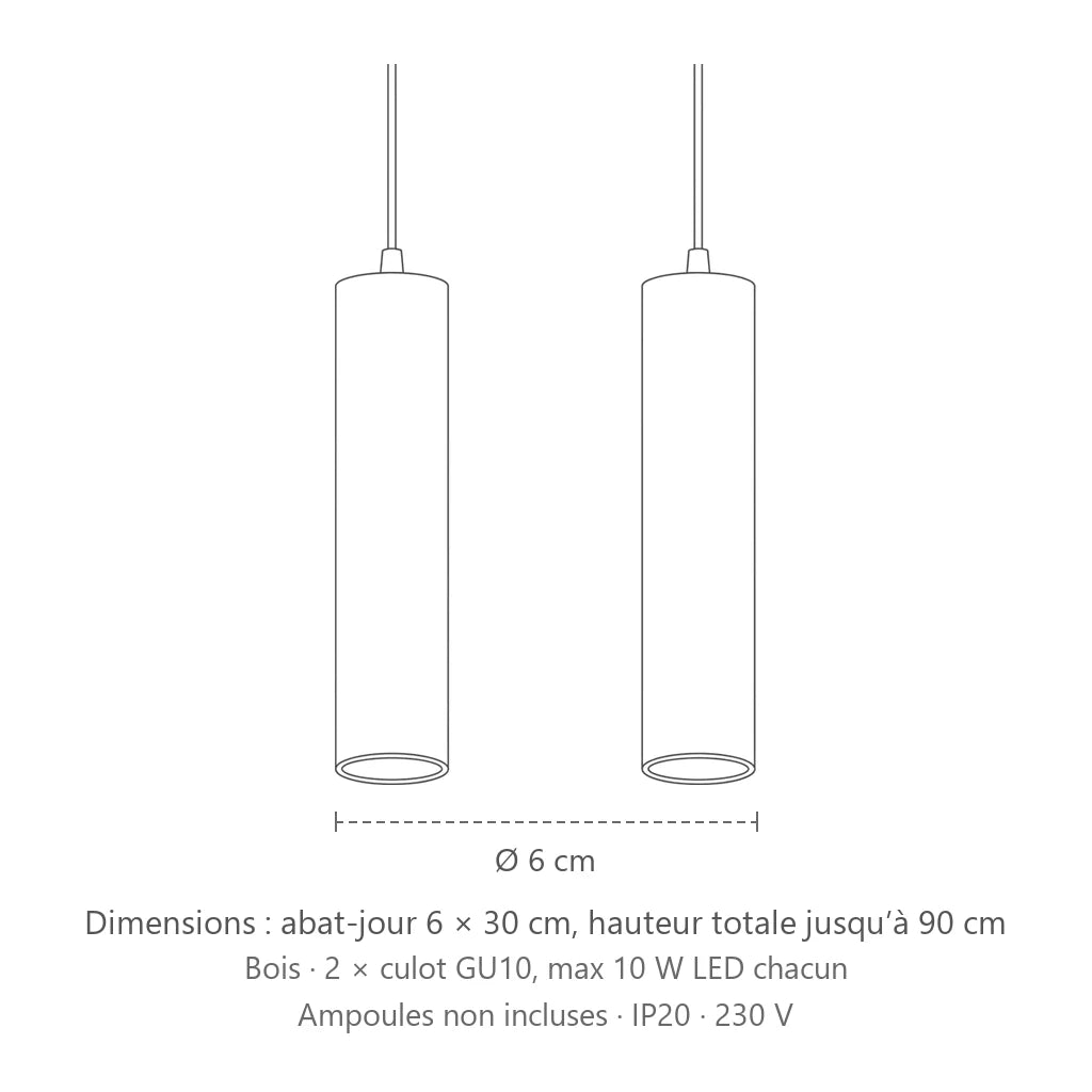 Dimensions : suspension tube en bois naturel (2 lumières), abat-jour 6 × 30 cm, hauteur totale jusqu’à 90 cm