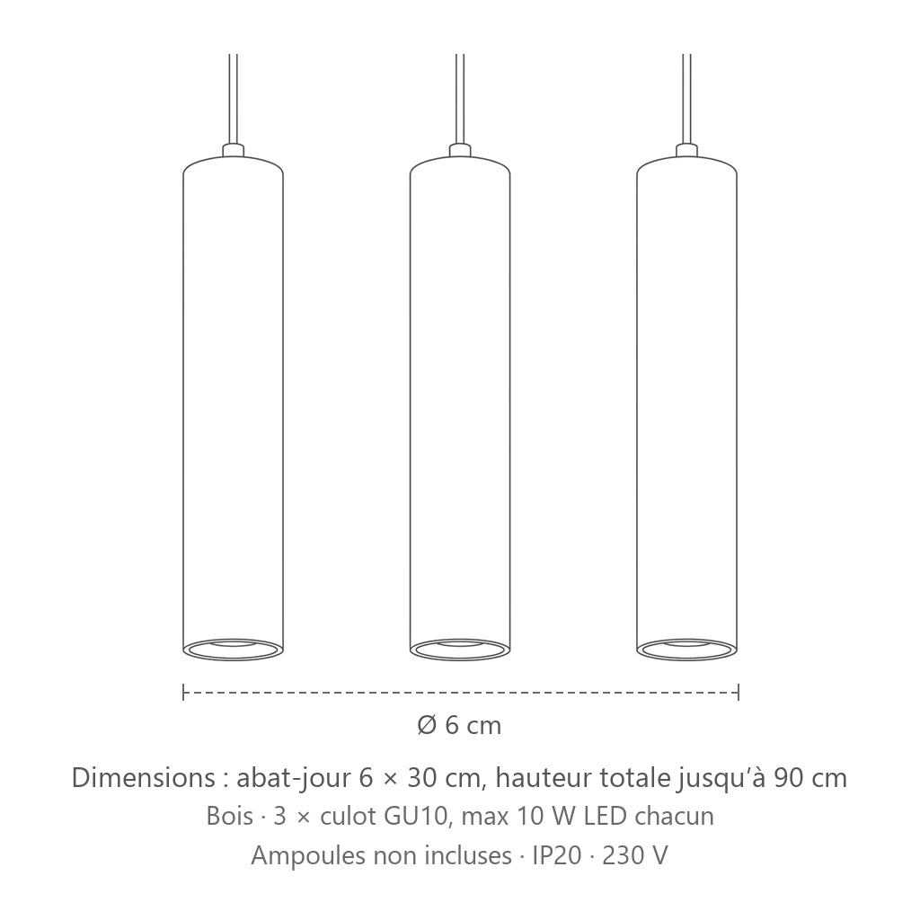 Dimensions : suspension tube en bois naturel (3 lumières), abat-jour 6 × 30 cm, hauteur totale jusqu’à 90 cm