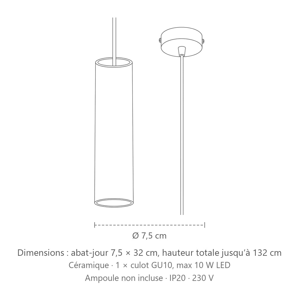 Dimensions : suspension tube fin en céramique blanche, abat-jour 7,5 × 32 cm, hauteur totale jusqu’à 132 cm