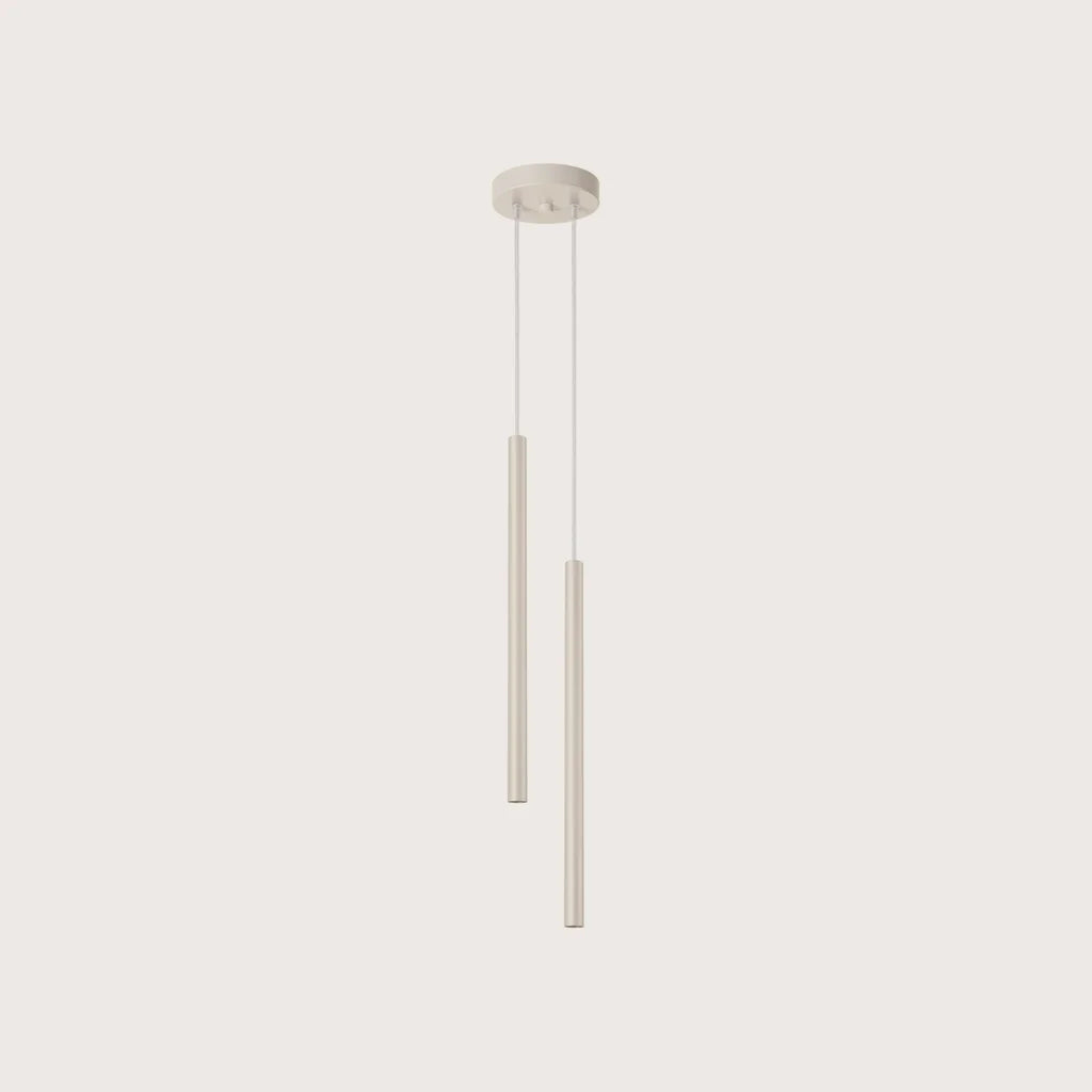 Suspension tube fin façon bougie, coloris beige (2 lumières – rosace Ø 15 cm – acier)
