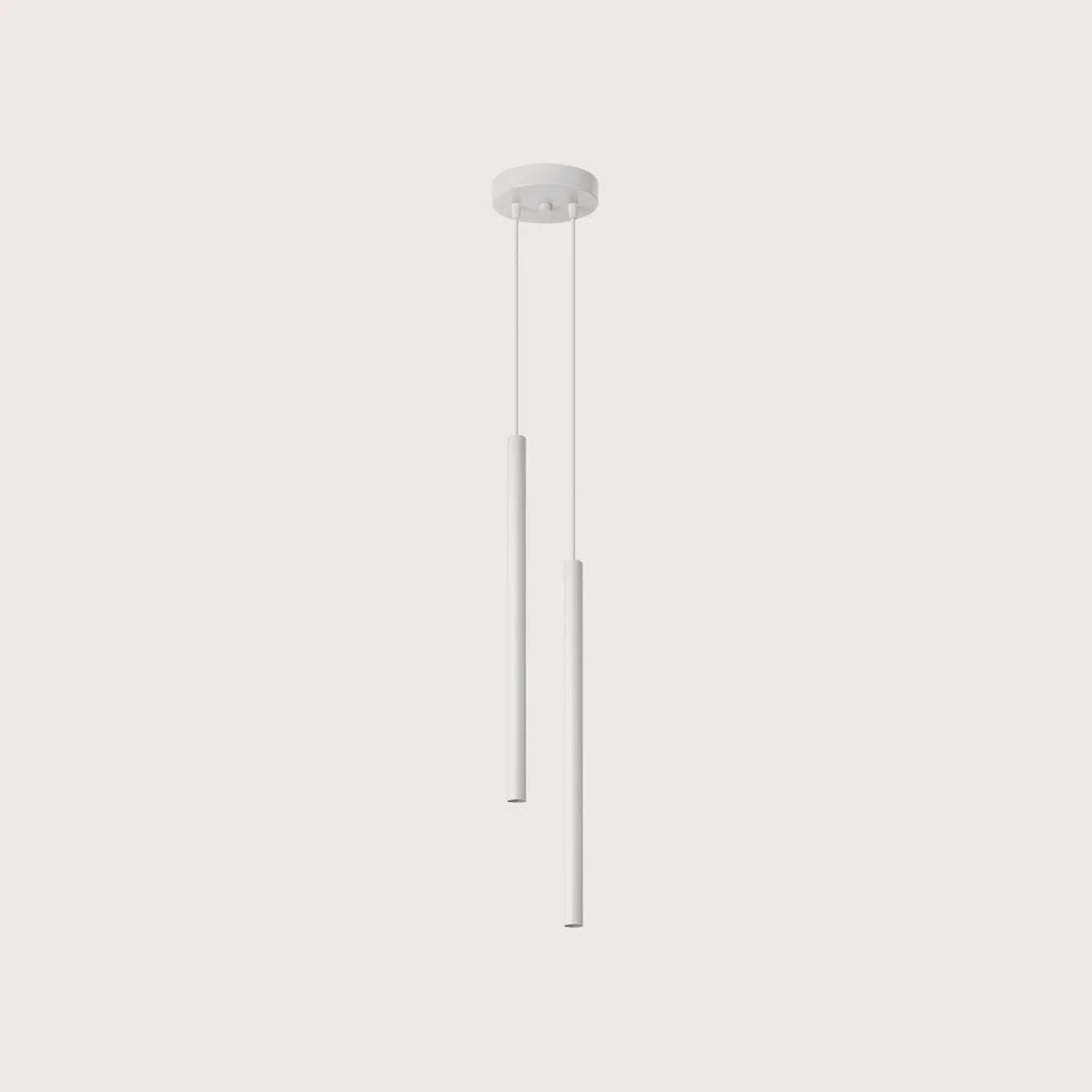 Suspension tube fin façon bougie, coloris blanc (2 lumières – rosace Ø 15 cm – acier)