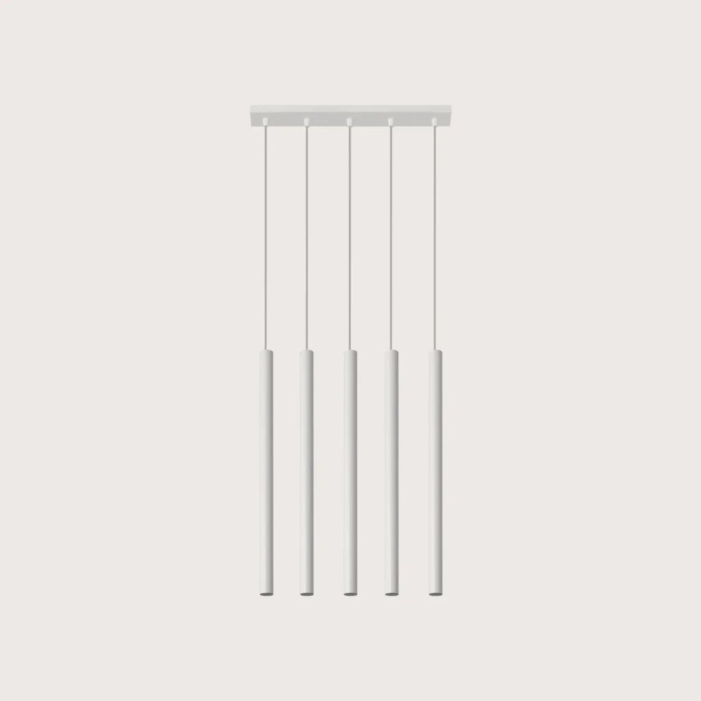 Suspension tube fin façon bougie, coloris blanc (5 lumières – barre 45 cm – acier)
