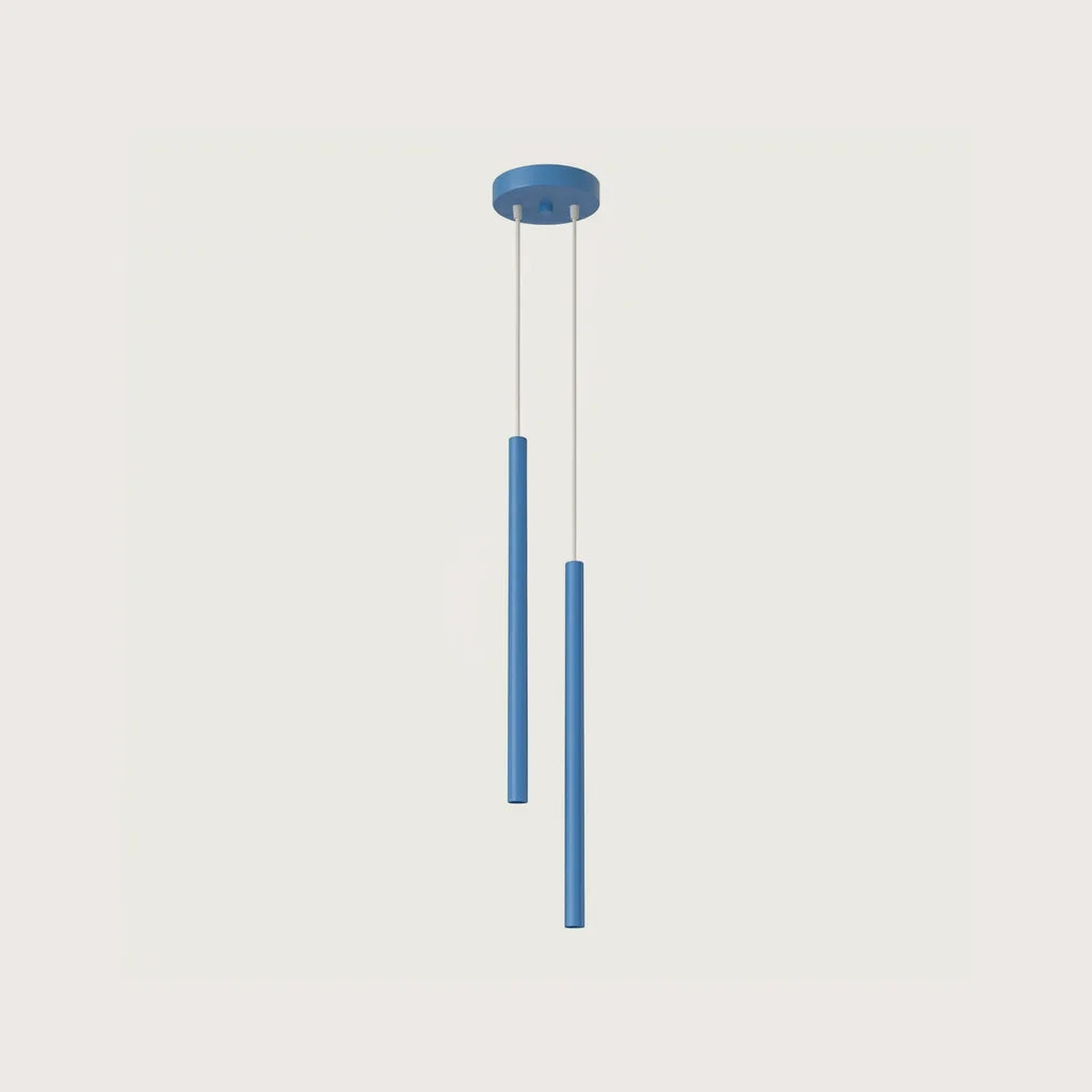 Suspension tube fin façon bougie, coloris bleu clair (2 lumières – rosace Ø 15 cm – acier)