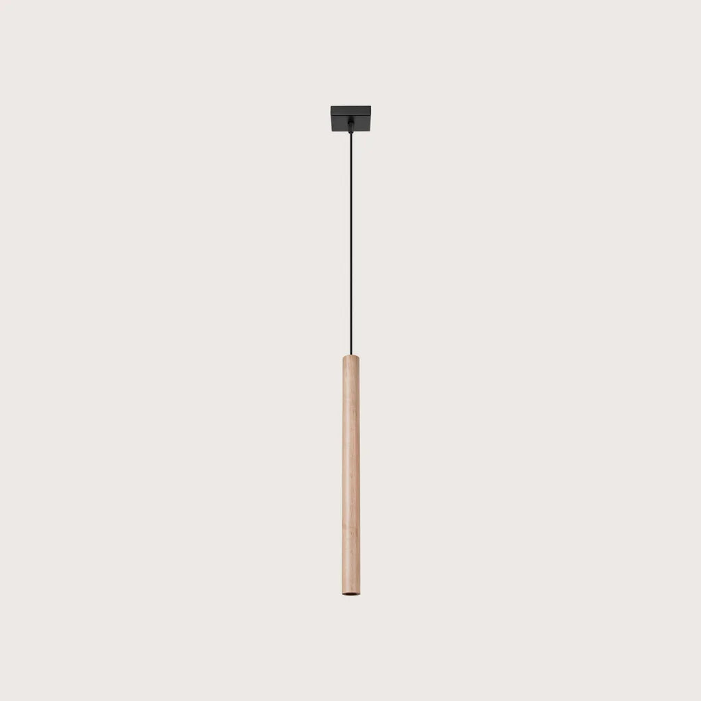 Suspension tube fin façon bougie, coloris bois naturel (1 lumière – acier)