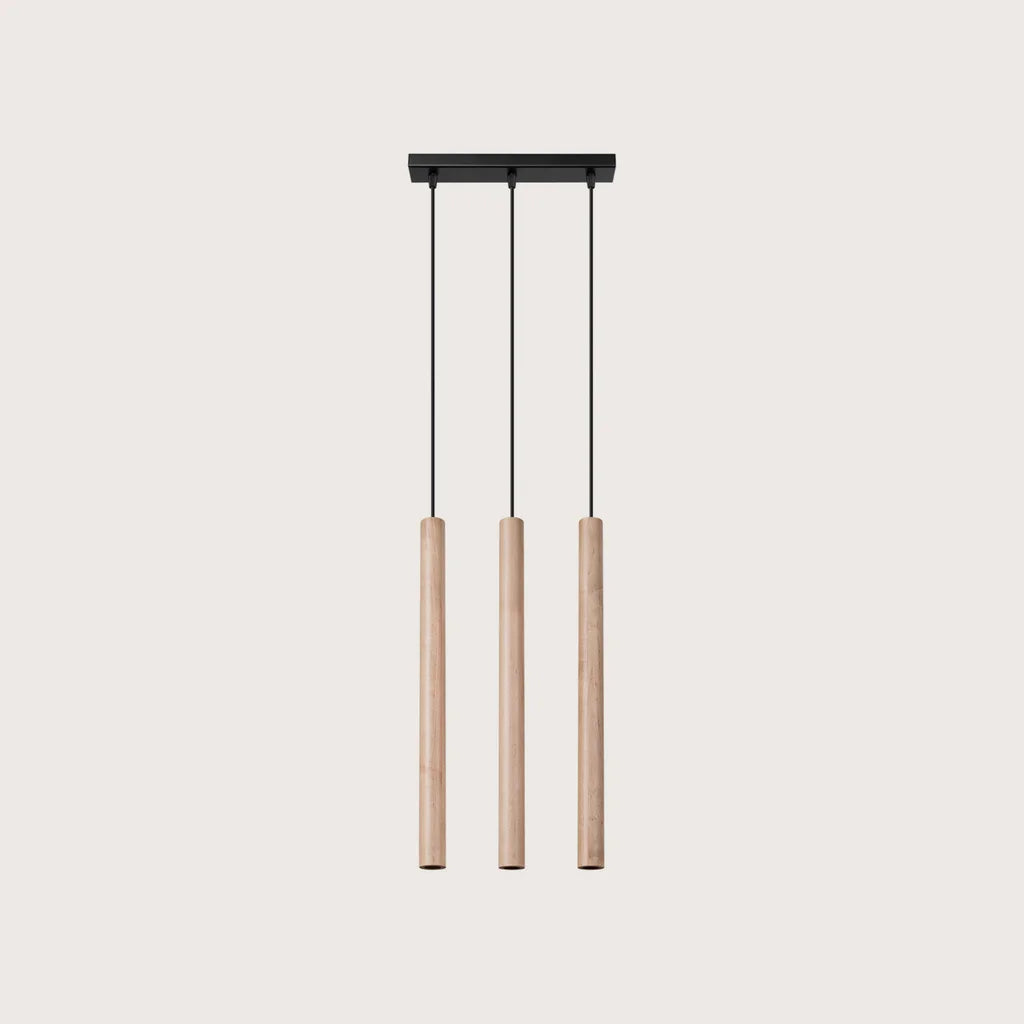 Suspension tube fin façon bougie, coloris bois naturel (3 lumières – barre 30 cm – acier)